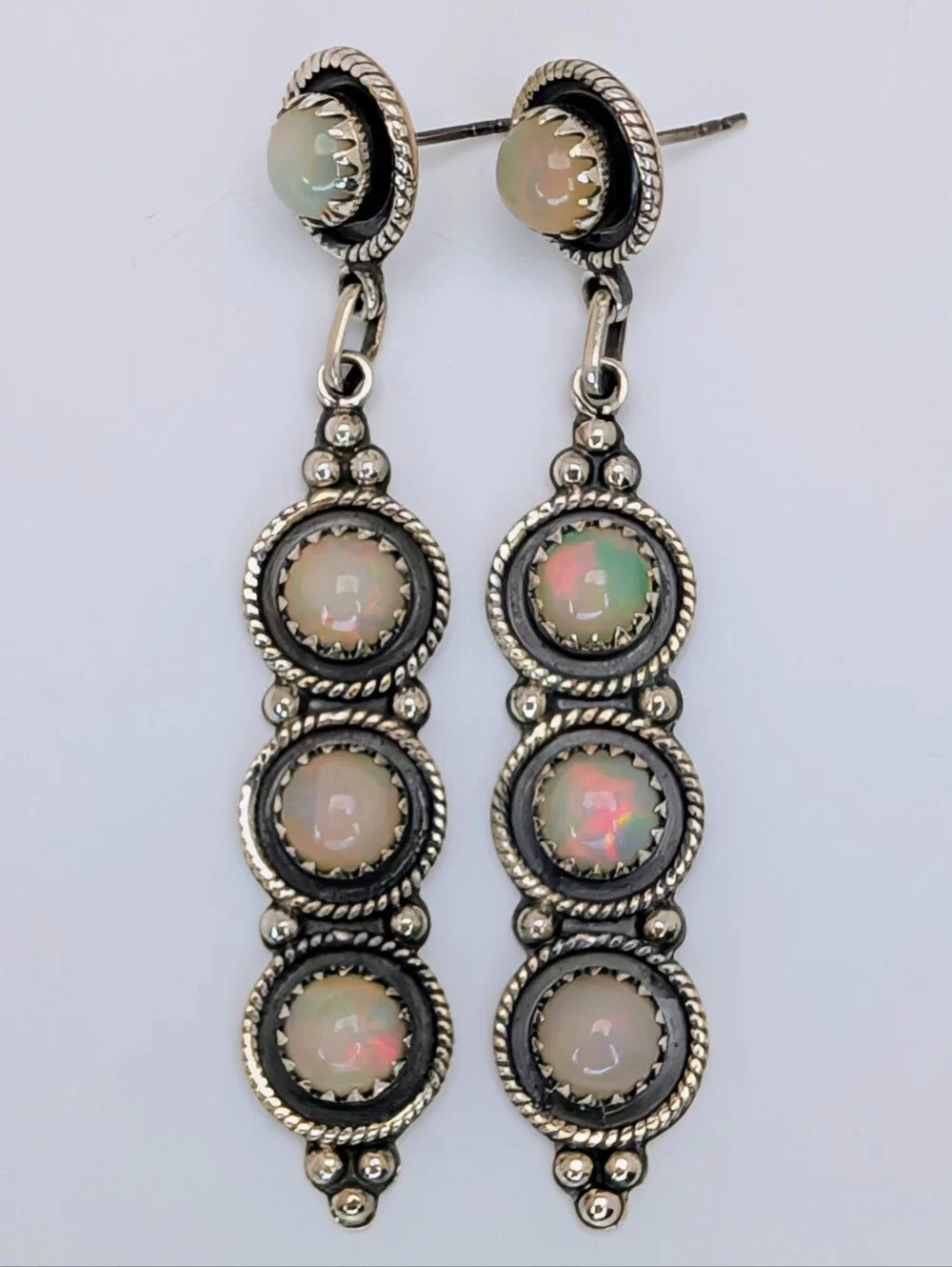 Ethiopian Opal S925 Sterling Silver Gemstone Dangle Statement Earrings